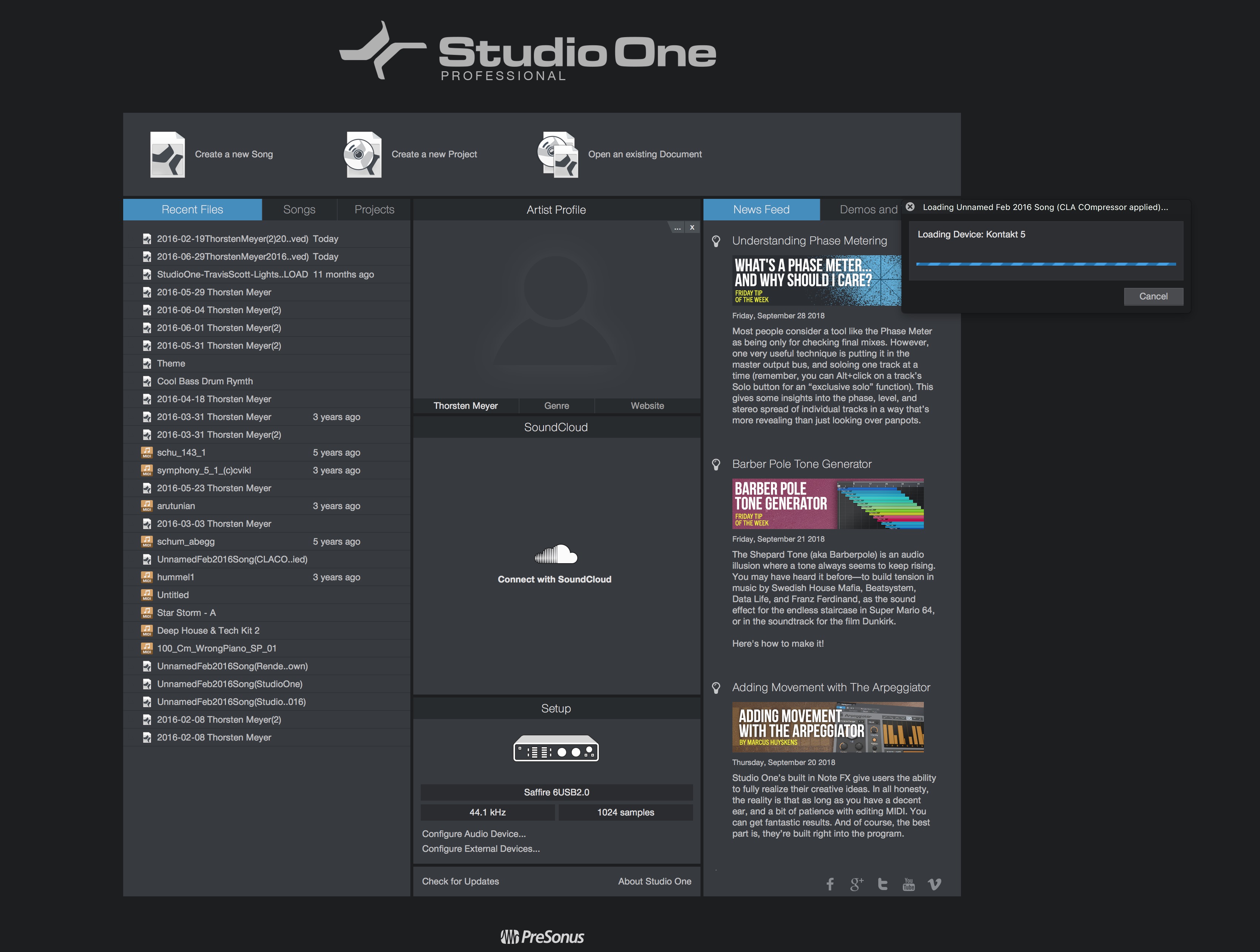 Studio One 4 Start Screen