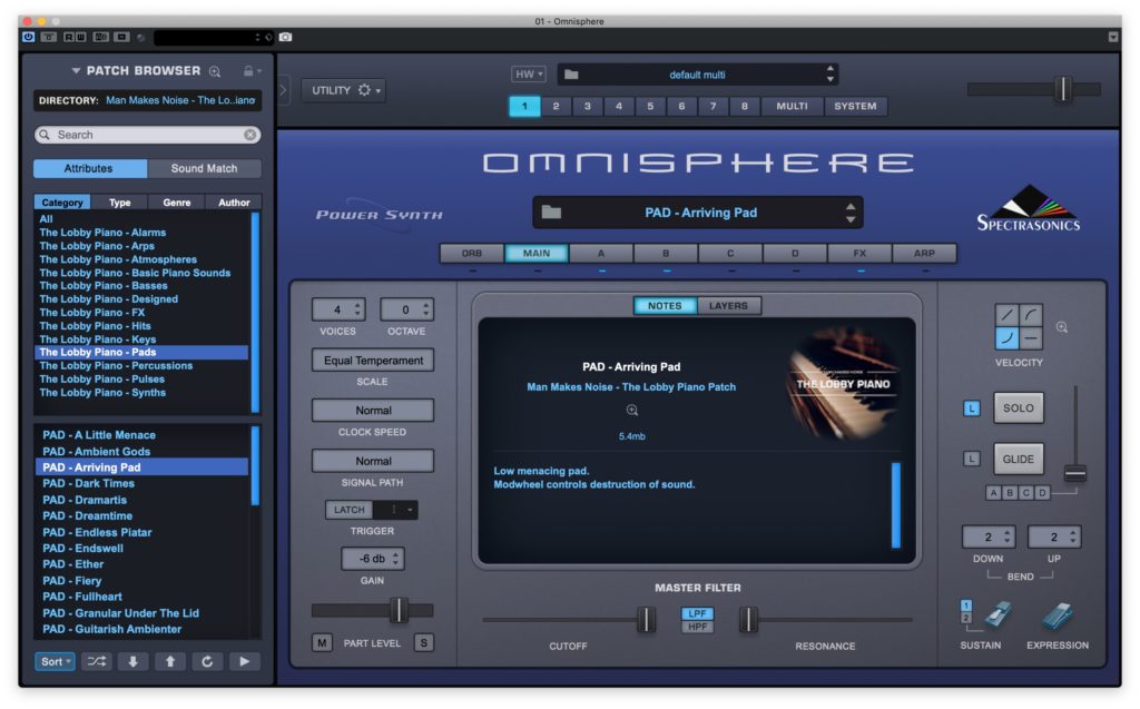 The Lobby Piano a creative sound design library for Omnisphere 2.5 by Man Makes Noise Review Pad