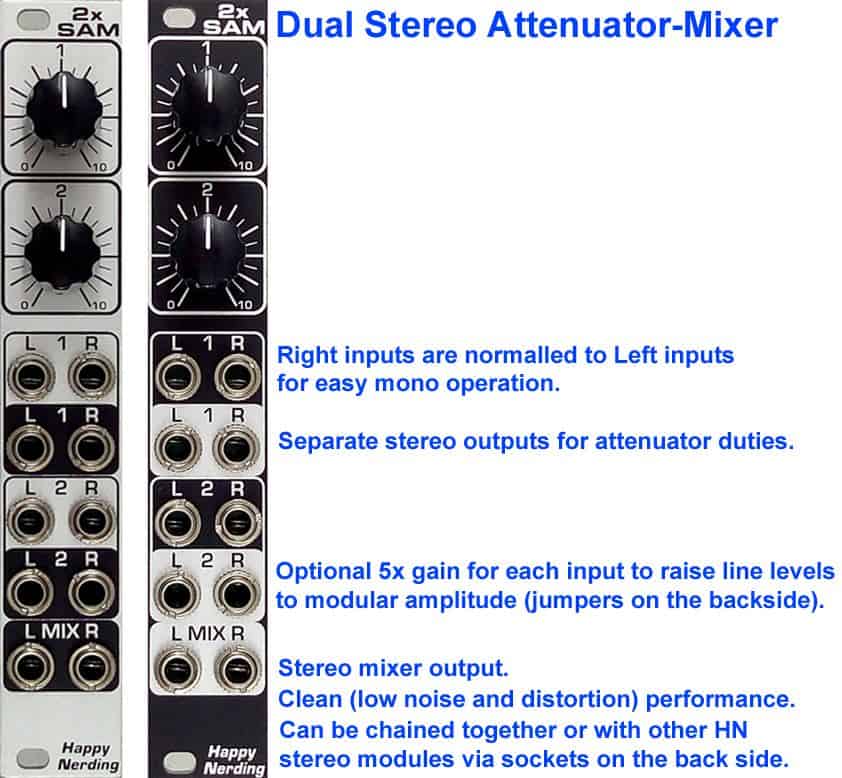 2xSAM 4 HP Dual Stereo Attenuator Mixer by Happy Nerding