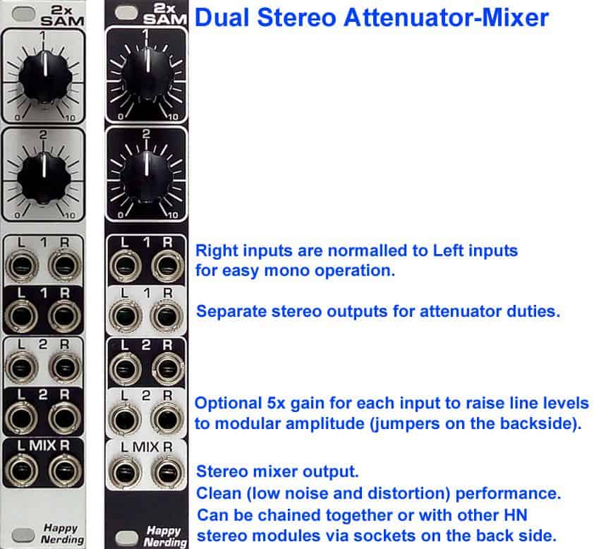 2xSAM Dual Stereo Attenuator-Mixer by Happy Nerding 3 2xSAM 4 HP Dual Stereo Attenuator Mixer by Happy Nerding