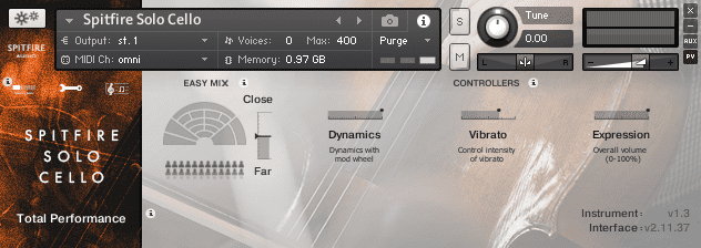 spitfire solo cello UI