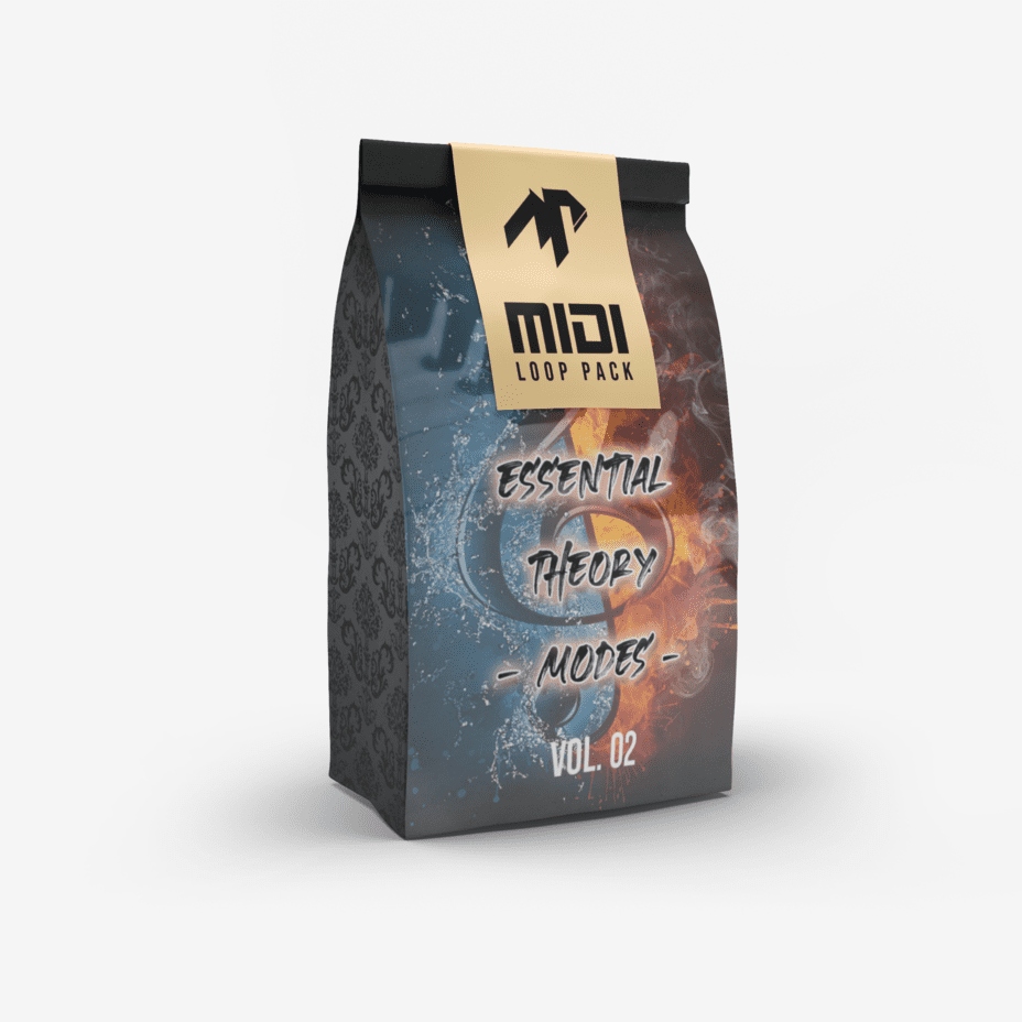 MIDI PACK ESSENTIAL THEORY VOL. 02 - MODES 3 paper bag mockup featuring a solid color backdrop 2580