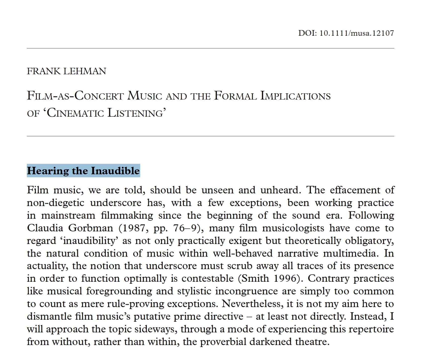 Film as Concert Music and the Formal Implications of ‘Cinematic Listening’ by Frank Lehman