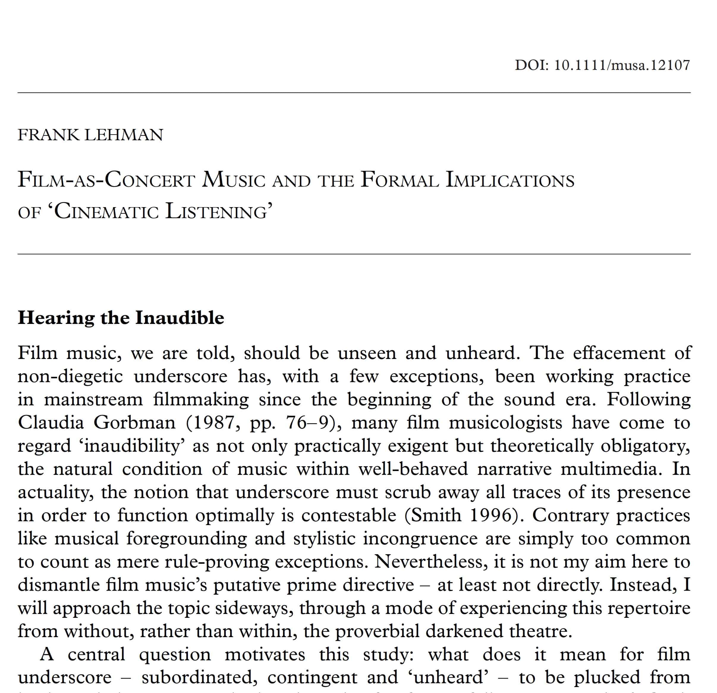 Frank Lehman’s Paper Film-as-Concert Music and the Formal Implications of ‘Cinematic Listening’