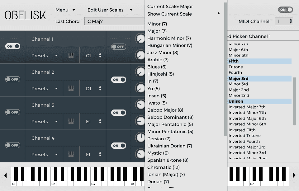 Obelisk 1.1.5 Updated MIDI Harmoniser Plugin menu