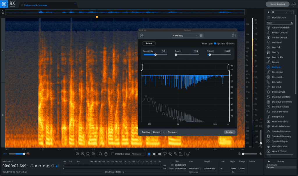 Review of Izotope Rx 9 new and improved Ambience Match, De-Hum, and more. Trusted by top post-production engineers to quickly and reliably deliver clean audio 4 RX 9 ADV De hum Orange After@2x