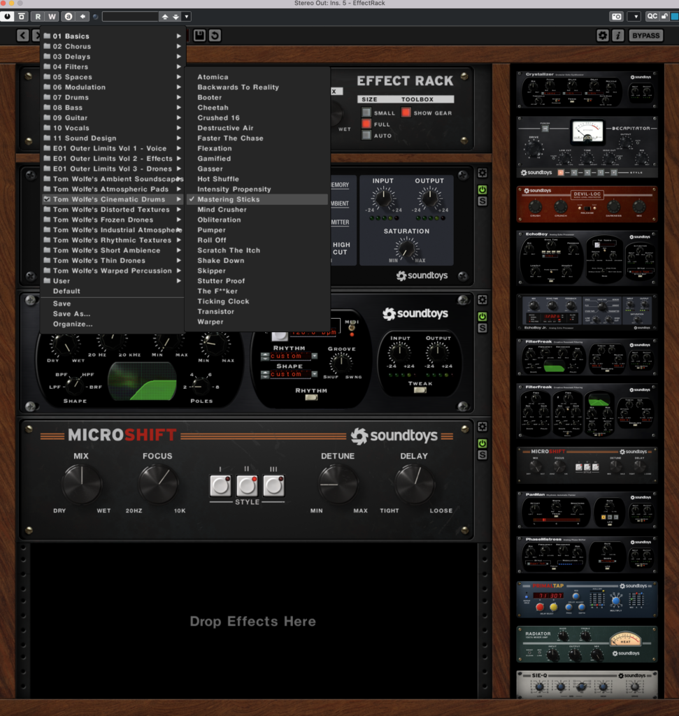 Cinematic Drums and Industrial Atmosphere Preset Packs for the Soundtoys Effect Rack 5 Cinematic Drums Preset Packs for the Soundtoys Effect Rack