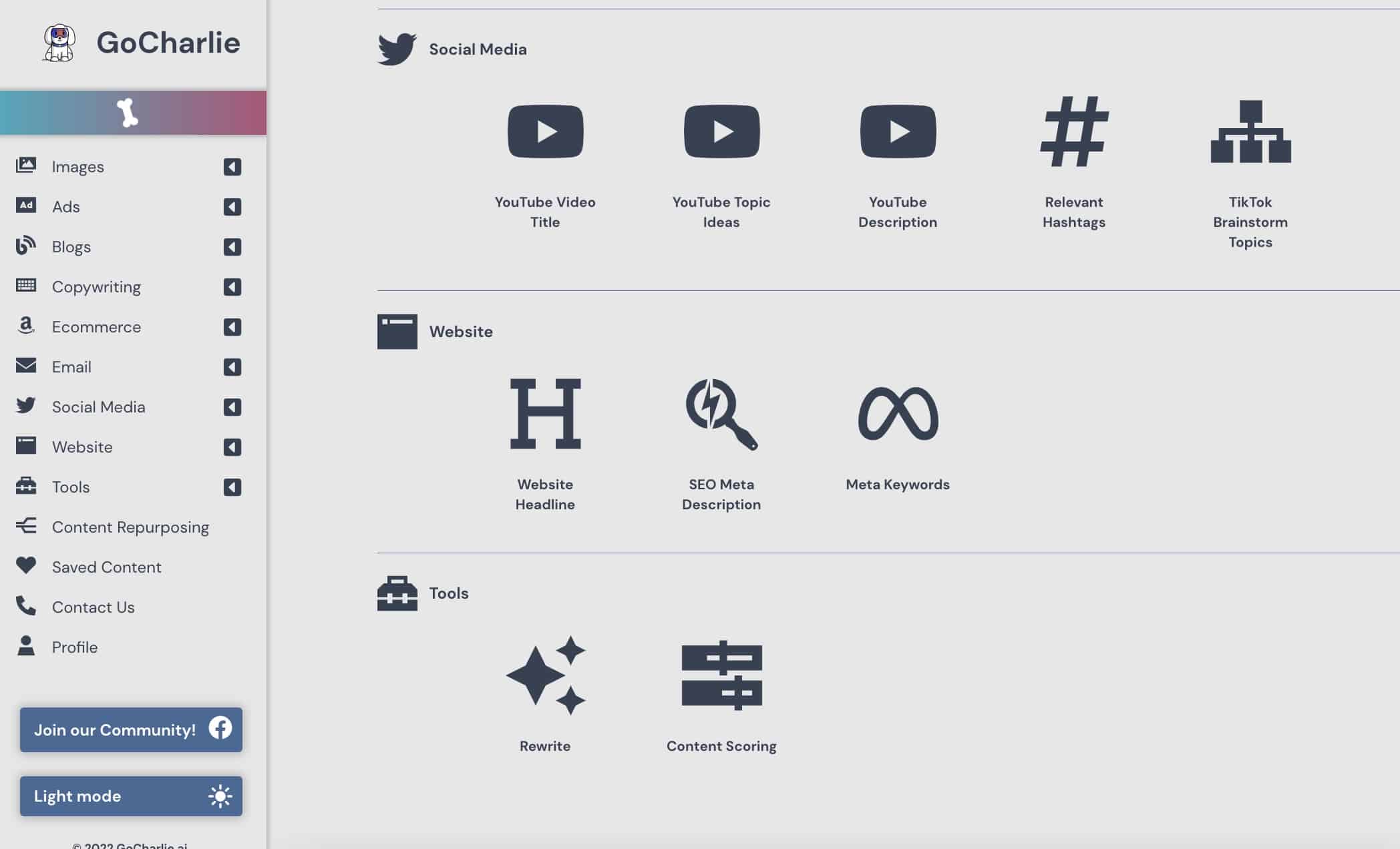 GoCharlie.ai - An Outstanding AI Writer 38 GoCharlie.ai Social Media Website Tools UI 2022 Oct 29th 1