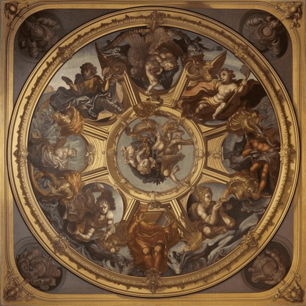 Ceiling Decoration with the Allegories of the Four Continents and the Signs of the Zodiacsecond half 17th century