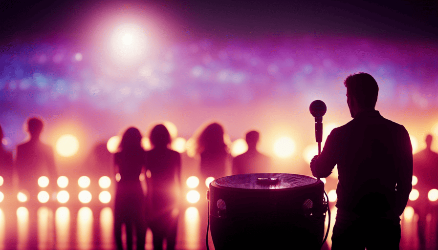 the essence of a lively karaoke night: A dimly lit room adorned with vibrant neon lights, as silhouettes of enthusiastic performers sway beneath a glittering disco ball, their voices echoing through the air