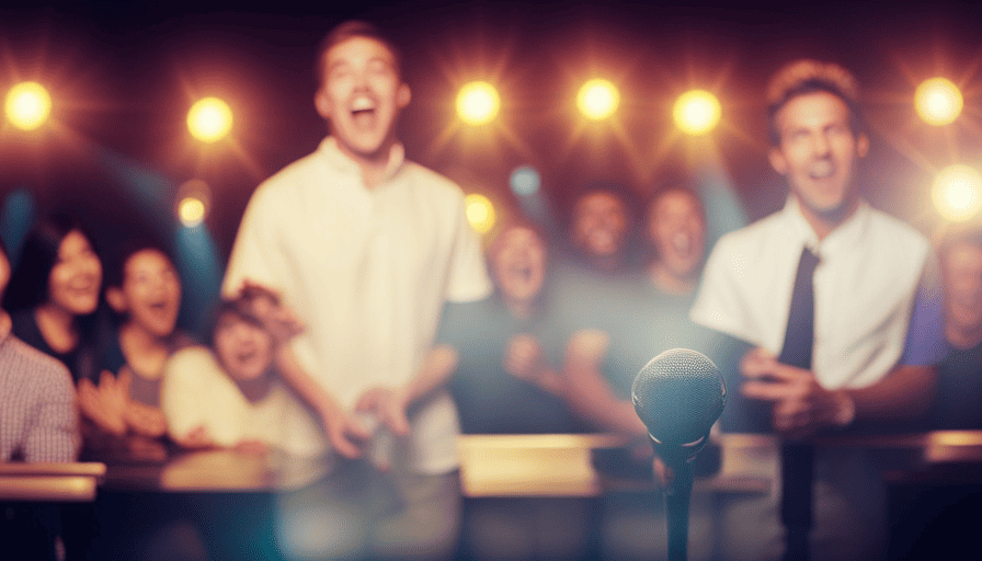 An image of a man confidently belting out a karaoke song, surrounded by supportive friends clapping and cheering