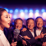An image that captures the essence of a vibrant karaoke night at "How Far I'll Go" - with the stage adorned in colorful lights, people from diverse backgrounds singing passionately, and an electric atmosphere of joy and self-expression