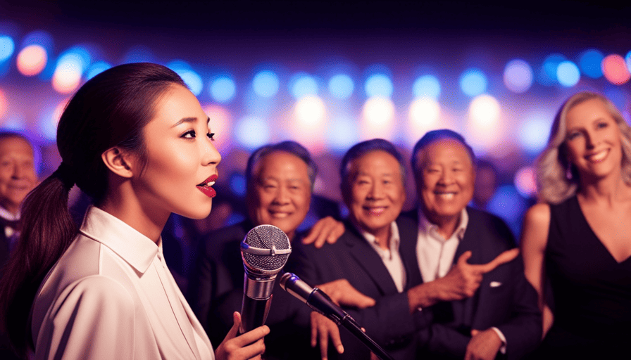 An image that captures the essence of a vibrant karaoke night at "How Far I'll Go" - with the stage adorned in colorful lights, people from diverse backgrounds singing passionately, and an electric atmosphere of joy and self-expression