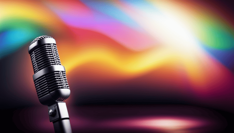 An image capturing a person's hand holding a microphone, illuminated by vibrant stage lights, as lyrics flow seamlessly in colorful waves, demonstrating the step-by-step process of making karaoke songs