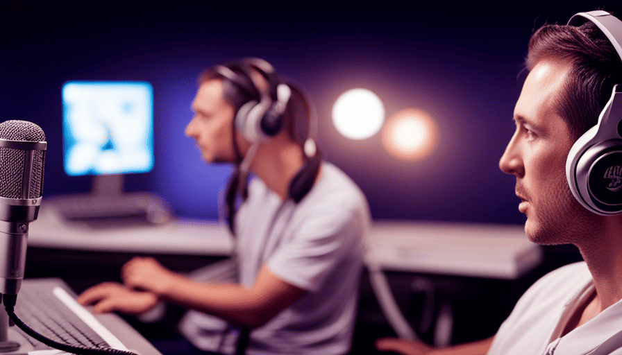 An image showcasing a person sitting at a computer, headphones on, as they use audio editing software to isolate vocals from a song, adjust levels, and create a professionally crafted karaoke track
