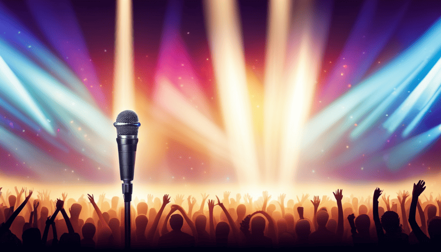 An image showcasing a vibrant stage with a microphone at the center, surrounded by colorful spotlights and a crowd of enthusiastic singers, illustrating the step-by-step process of making an engaging karaoke video