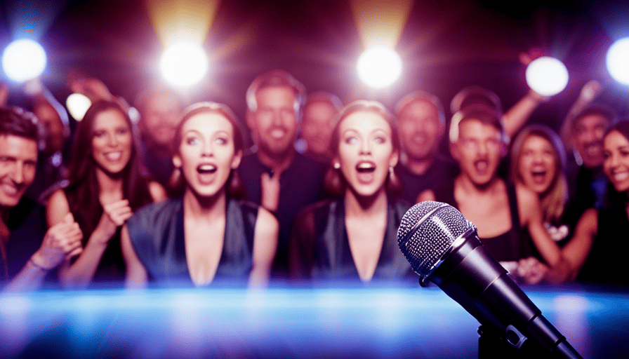An image showcasing a vibrant karaoke scene: a lively pub with a colorful stage, dazzling spotlights illuminating enthusiastic singers, a diverse crowd cheering and clapping, and a DJ spinning records