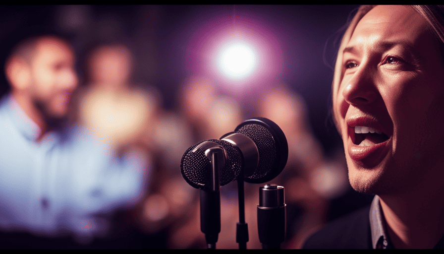 An image that showcases a person confidently singing into a microphone at a karaoke bar