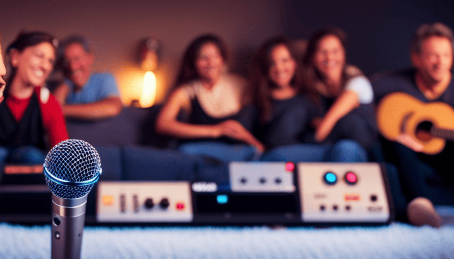 An image showcasing a cozy living room adorned with colorful disco lights, a state-of-the-art karaoke machine on a coffee table, wireless microphones, and a group of friends singing their hearts out with joy and laughter