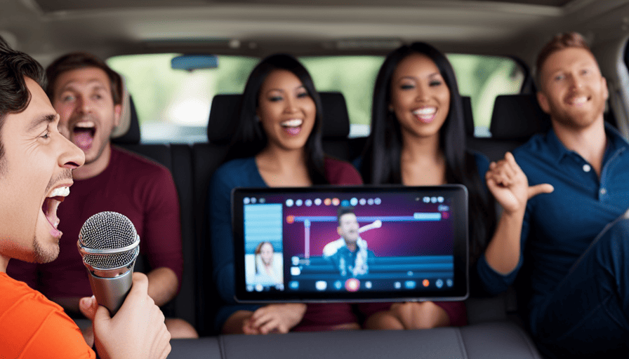 An image showcasing a person joyfully belting out tunes with the Carpool Karaoke microphone while sitting on a comfy couch in their living room, surrounded by enthusiastic friends, and with a makeshift car dashboard set up in front of them