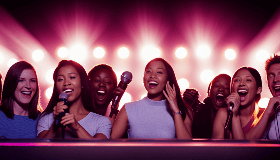 An image showcasing a group of friends singing joyfully around a karaoke machine, with colorful disco lights illuminating the room