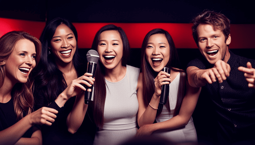 An image capturing the essence of "Karaoke Songs For People Who Can't Sing": a dimly lit karaoke bar, filled with laughter and off-key singing, as a diverse group of friends joyfully belt out tunes on a neon-lit stage