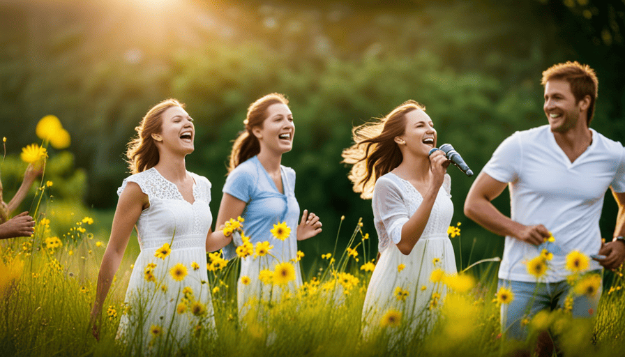 the essence of "Oh What A Beautiful Morning Karaoke" in an image: A sun-kissed meadow, filled with vibrant wildflowers swaying in the gentle breeze, as a group of friends gather under a picturesque oak tree, joyfully singing their hearts out