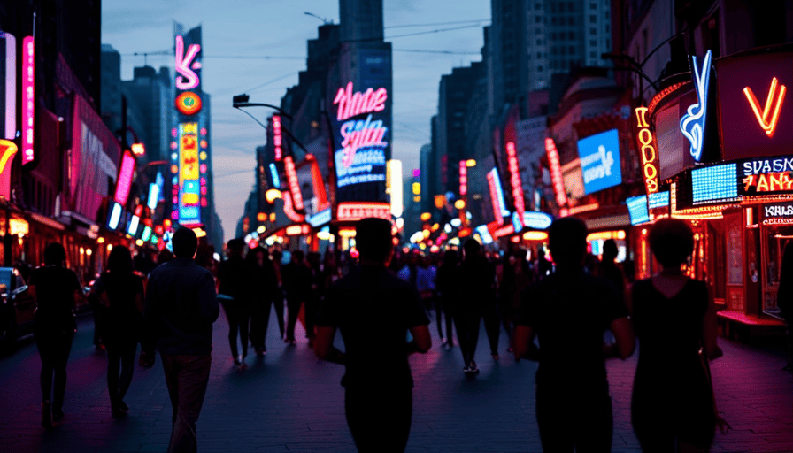 the electric atmosphere of a bustling city street at dusk, adorned with vibrant neon signs illuminating karaoke bars