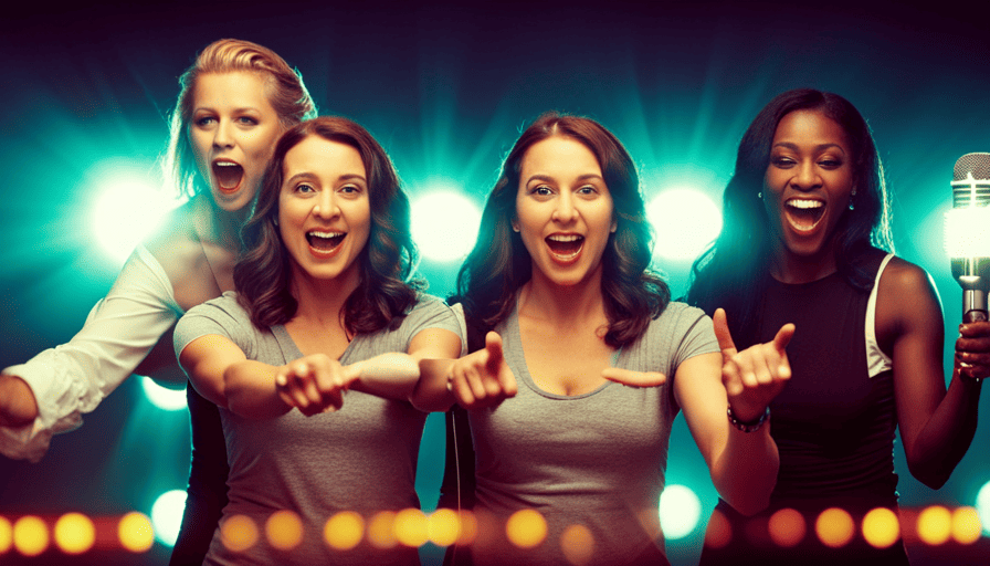An image that showcases a diverse group of enthusiastic females belting out their favorite karaoke tunes, surrounded by colorful disco lights, with a vibrant karaoke machine front and center