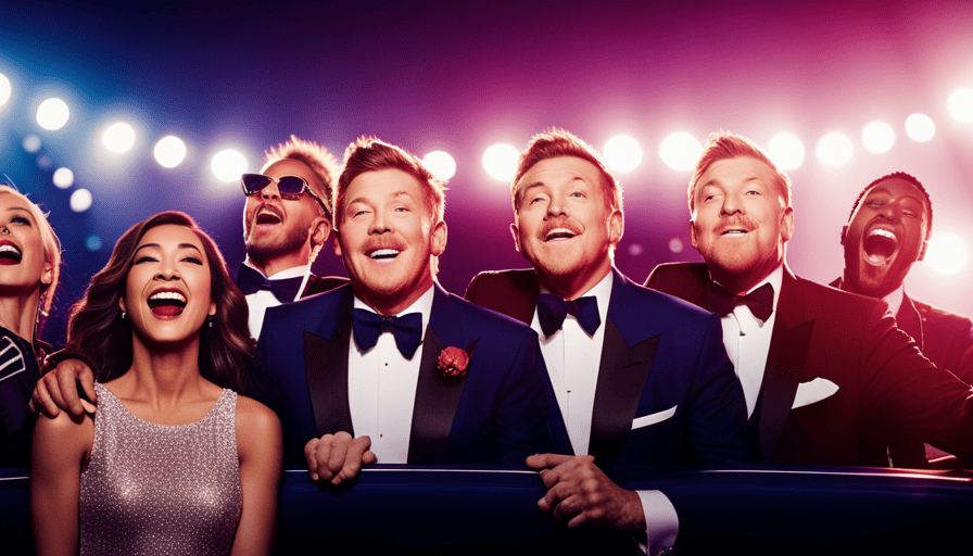 An image depicting a colorful collage of iconic musicians, joyfully belting out tunes in a car