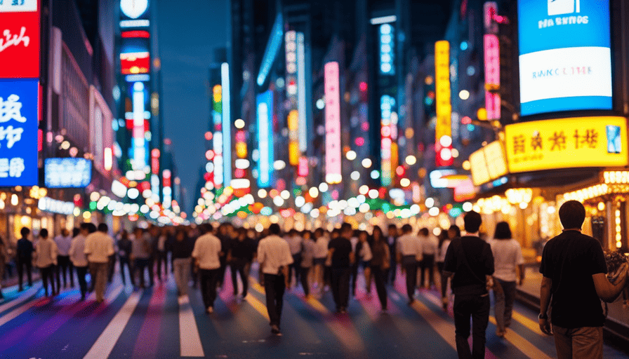An image of a vibrant Tokyo street at night, lined with neon-lit karaoke bars