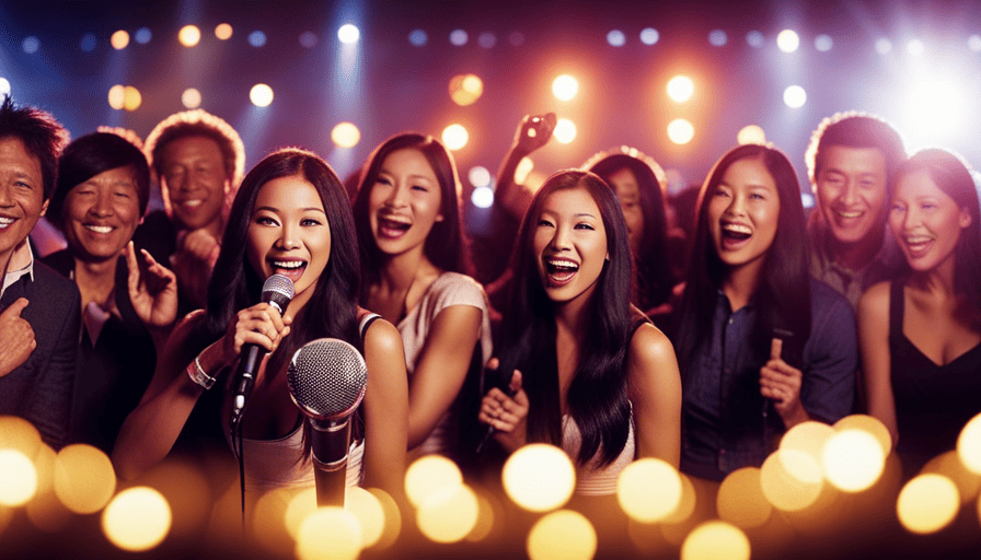 An image capturing the vibrant essence of karaoke: a dimly lit room adorned with colorful disco lights, where enthusiastic individuals sing passionately into microphones, their smiles radiating joy, while the crowd claps and cheers in exhilaration