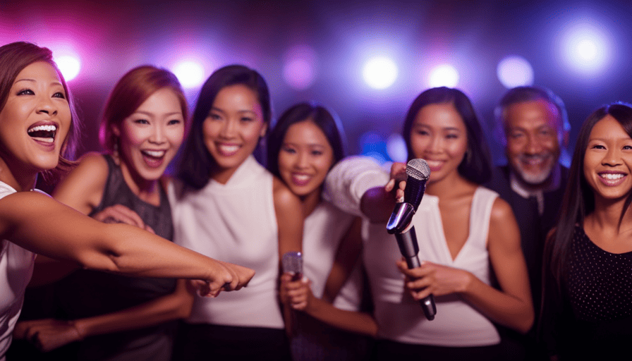 An image of a bustling karaoke bar, filled with people of diverse ages and backgrounds belting out tunes