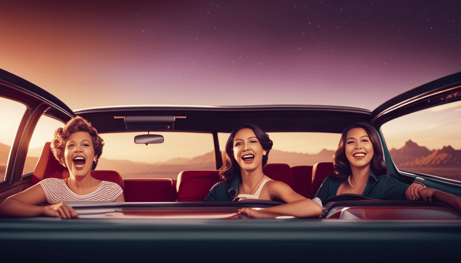 An image featuring a colorful, retro-inspired car interior, with lively passengers joyfully belting out their favorite tunes, surrounded by vibrant musical notes floating in the air, capturing the essence of the popular phenomenon known as Carpool Karaoke