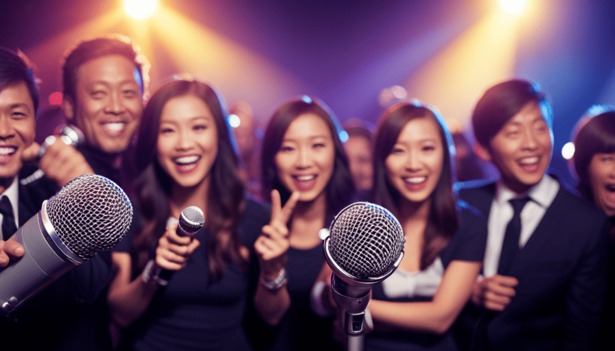 An image showcasing a dimly lit karaoke room, filled with vibrant, illuminated microphones, as individuals joyfully belt out their favorite songs, surrounded by a lively audience immersed in the electrifying atmosphere