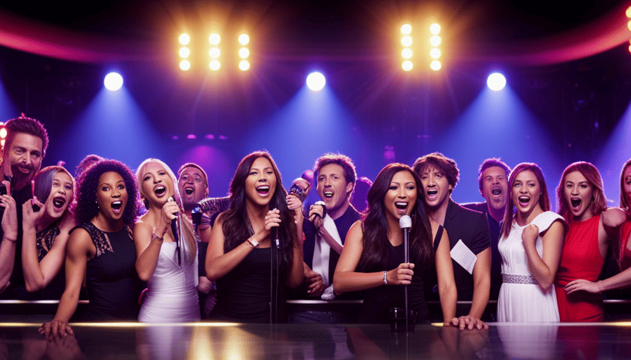 An image featuring a vibrant, illuminated karaoke bar stage with a diverse group of excited singers belting out their favorite tunes