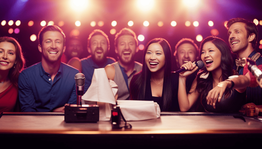 An image showcasing a dimly lit karaoke bar, filled with energetic individuals passionately singing, their eyes closed and arms raised in joyful abandon, while colorful disco lights illuminate their ecstatic expressions