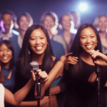 An image of a dimly lit karaoke room filled with ecstatic people singing their hearts out