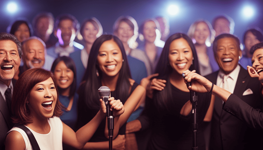 An image of a dimly lit karaoke room filled with ecstatic people singing their hearts out
