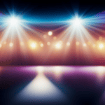 An image that showcases a dimly lit karaoke room filled with vibrant, neon lights reflecting off a sleek microphone