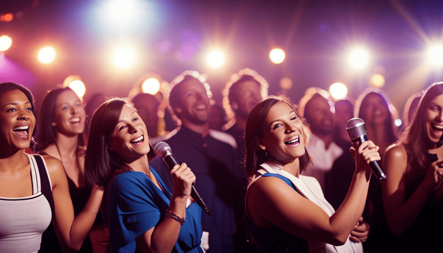 An image showcasing a diverse crowd of karaoke enthusiasts belting out their favorite tunes on a vibrant stage, illuminated by colorful lights, as the energetic atmosphere pulsates with excitement and joy