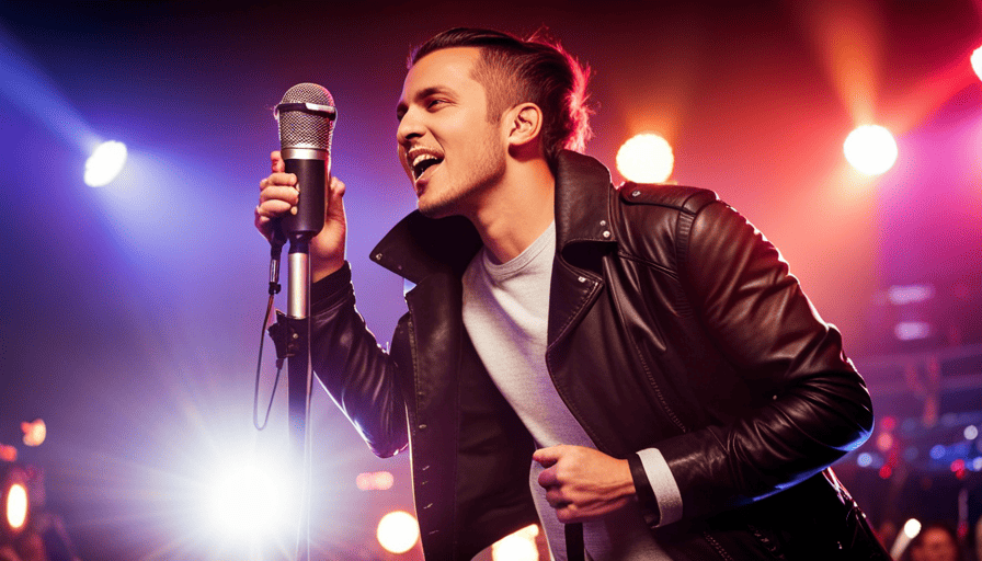 An image showcasing a stylish individual confidently belting out their favorite tune on a vibrant karaoke stage