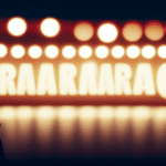 An image showcasing a dimly lit karaoke bar stage with a solitary microphone standing under a vibrant spotlight, casting a soft glow on the surrounding crowd engulfed in deep shadows