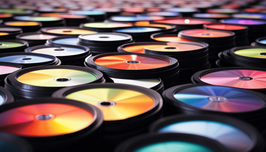 An image showcasing rows of vibrant CD cases neatly organized on shelves at a music store