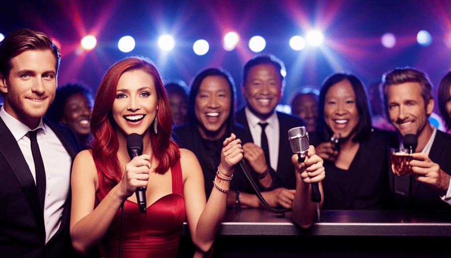 An image showcasing a vibrant karaoke bar filled with enthusiastic singers and colorful stage lights