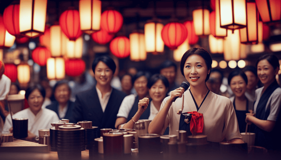 An image depicting a vibrant Japanese izakaya adorned with traditional lanterns, where joyful patrons gather around a microphone on a lively stage, belting out tunes while an enthusiastic crowd cheers them on