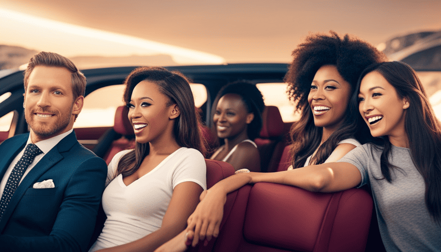 An image showcasing a vibrant car interior with a diverse group of joyful individuals, including musicians, actors, and athletes, all engaged in an exuberant and harmonious Carpool Karaoke session, radiating infectious energy and unity