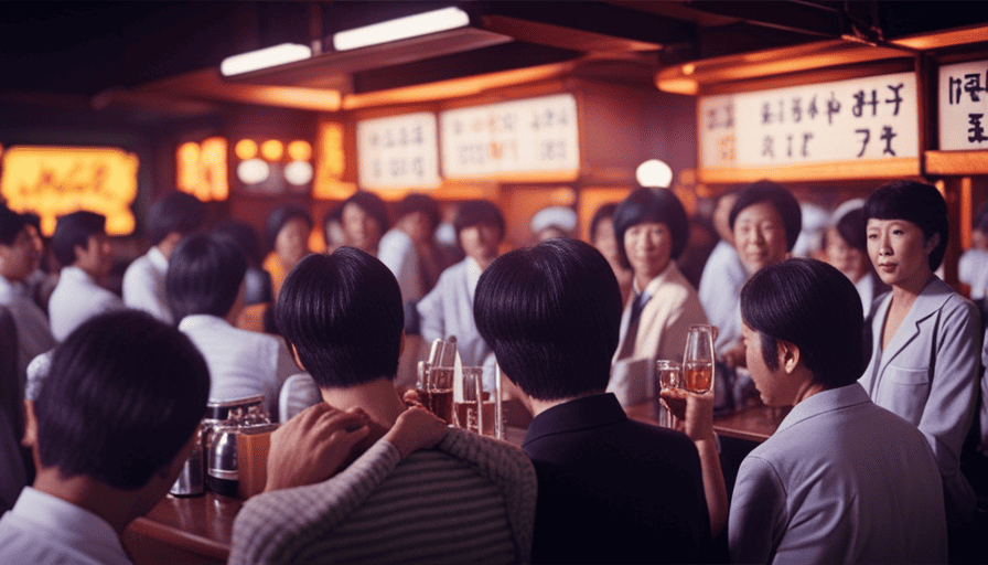 An image depicting a dimly lit Japanese bar in the 1970s, featuring a crowd of enthusiastic patrons surrounded by flashing neon lights, a microphone, and a large screen displaying lyrics
