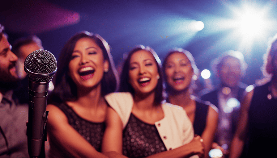 An image capturing the vibrant atmosphere of a Who Let The Dogs Out Karaoke night: a dimly lit room filled with enthusiastic patrons, shimmering disco lights, microphones in hand, and joyful melodies filling the air