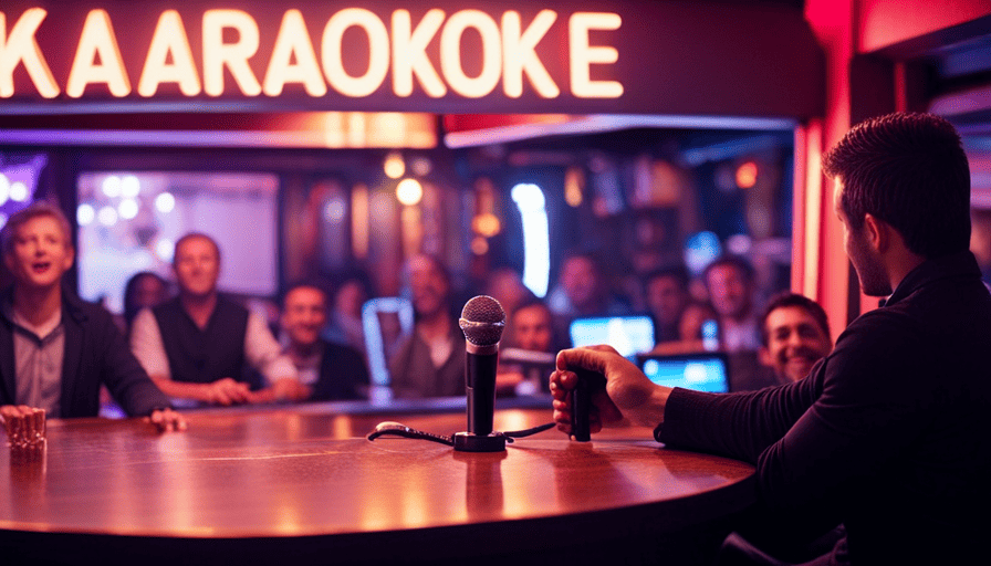 An image that showcases a vibrant karaoke bar scene in the US, with a closed sign on the entrance
